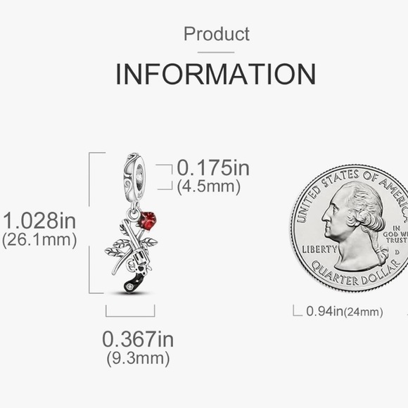 Sterling Silver Rose & Gun Charm dangle charm that fits all Pandora bracelets - Picture 3 of 4